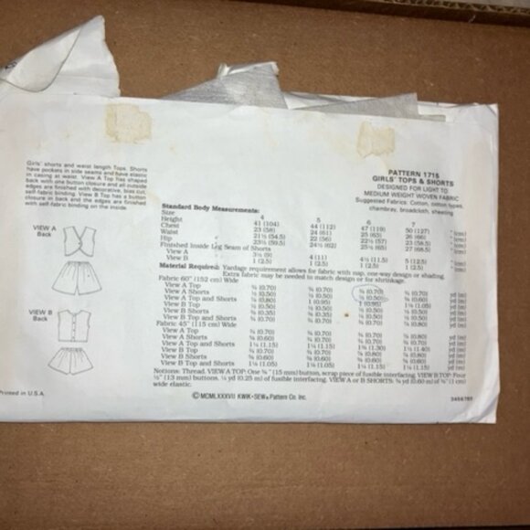 Kwik Sew vintage pattern number 1715 girls tops and shorts sizes 4, 5, 6, 7 ASIS - Picture 2 of 2